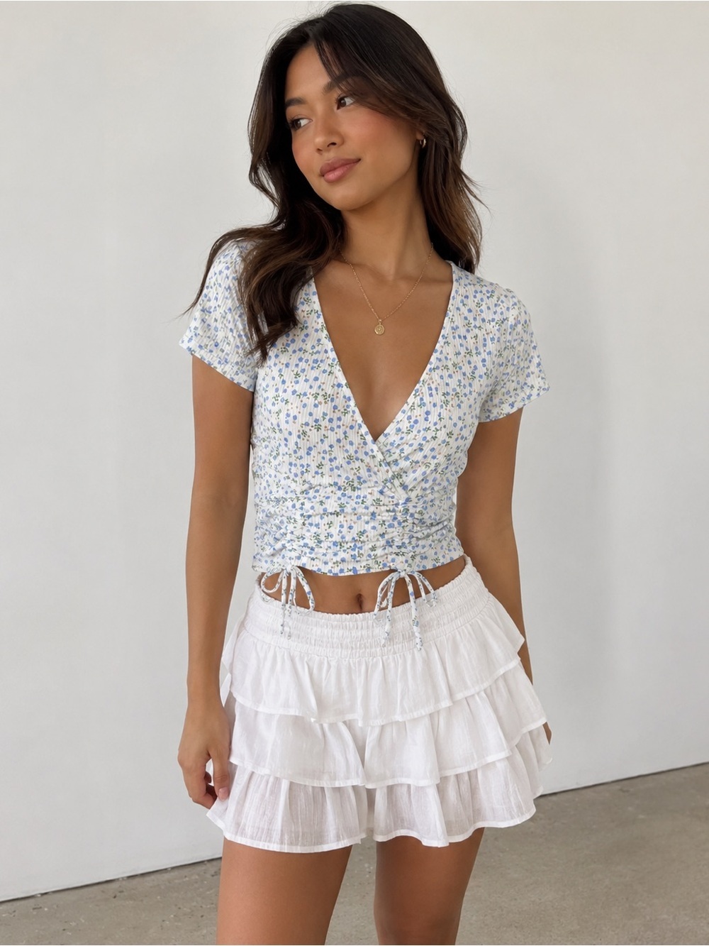 Rebellious Dreamer - White Floral Wrap Crop Top with lavender & Green Print